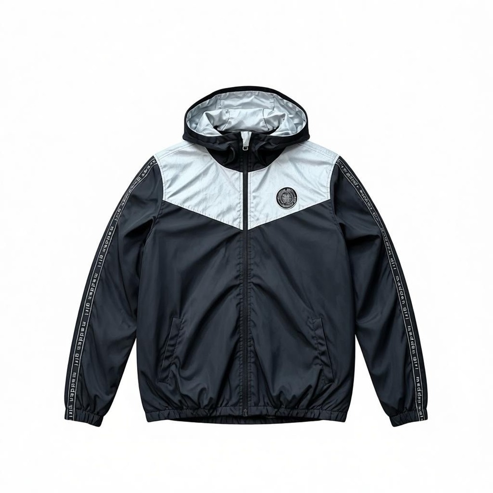 Madden Girl Women's Jr L Black Silver Hooded Windbreaker Jacket Fleece Lined Zip